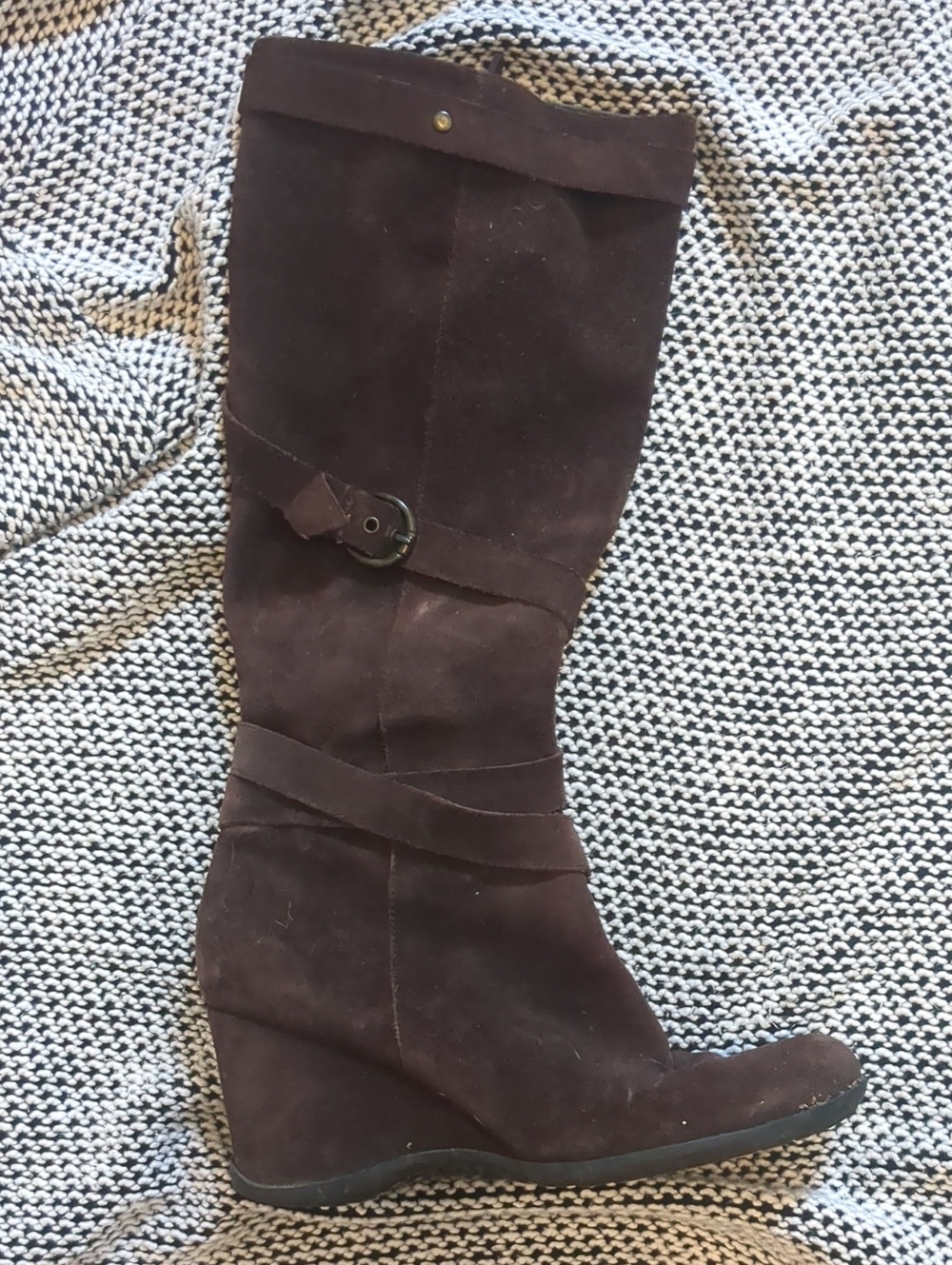 Dark Brown Suede Wedge Knee-High Boot